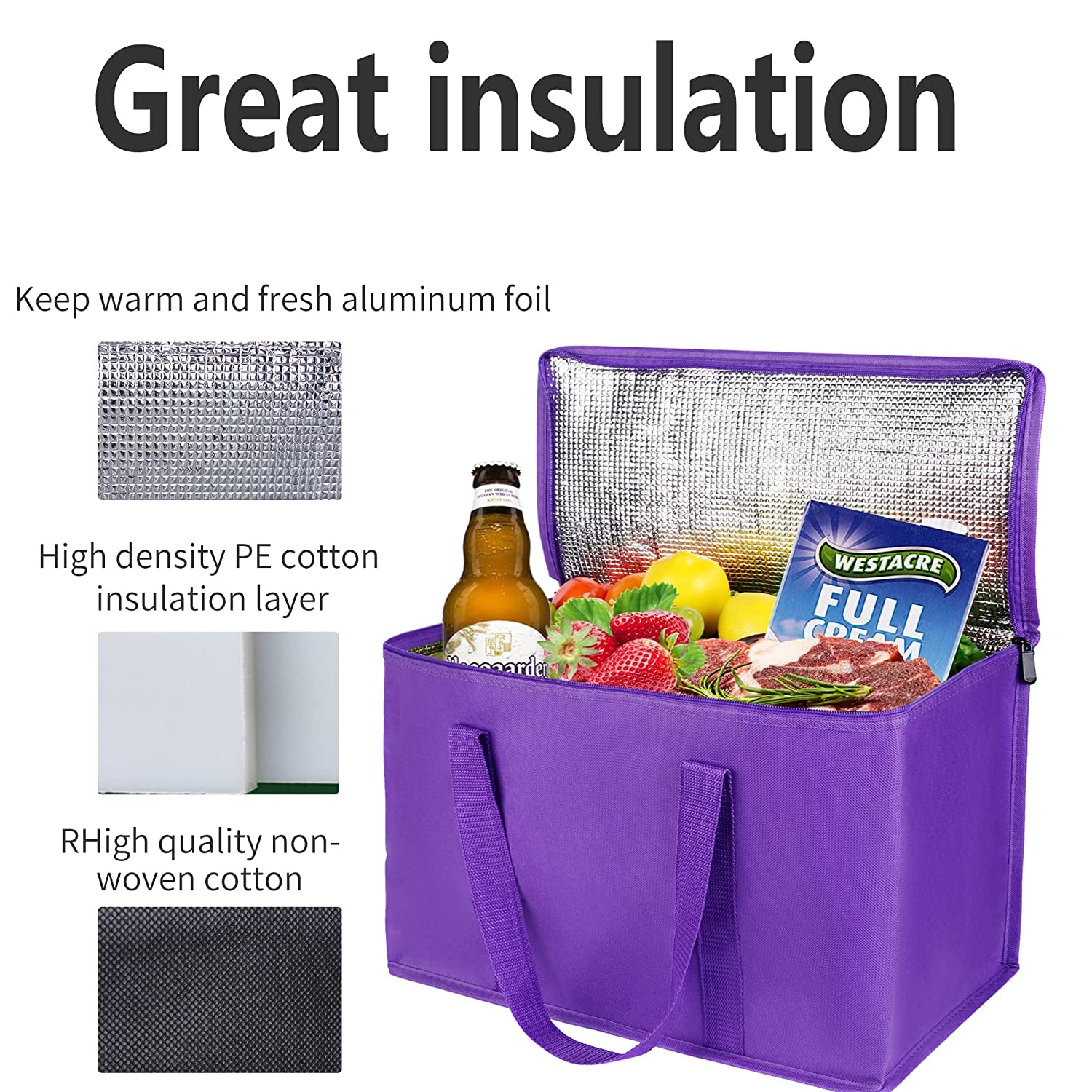 Insulated Grocery Shopping Bags, Purple 2-Pack