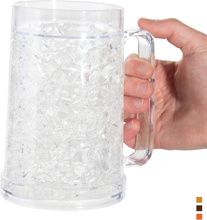 Freezer Beer Mug, Double Wall, Insulated Gel Plastic Pint Freezable Glass, 16 Oz, Clear 1 Pack, Chiller Frosty Cup, Frozen Ice Mug, Freezer Cup.